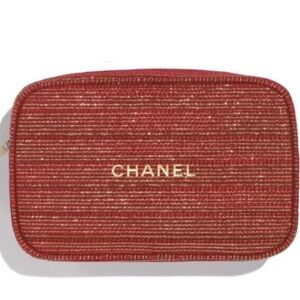 NEW Chanel 2022 Red Gold Tweed Holiday Set Makeup Bag